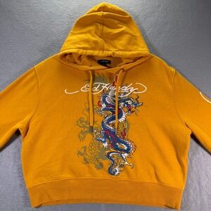 Ed Hardy Dragon Tattoo Hoodie Sweatshirt Women Large Yellow Boxy Crop Streetwear
